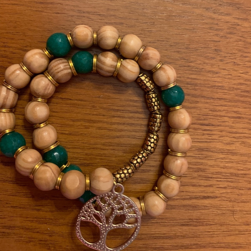 Tree of Life wooden and glass Beaded Bracelet Set - Green and Gold